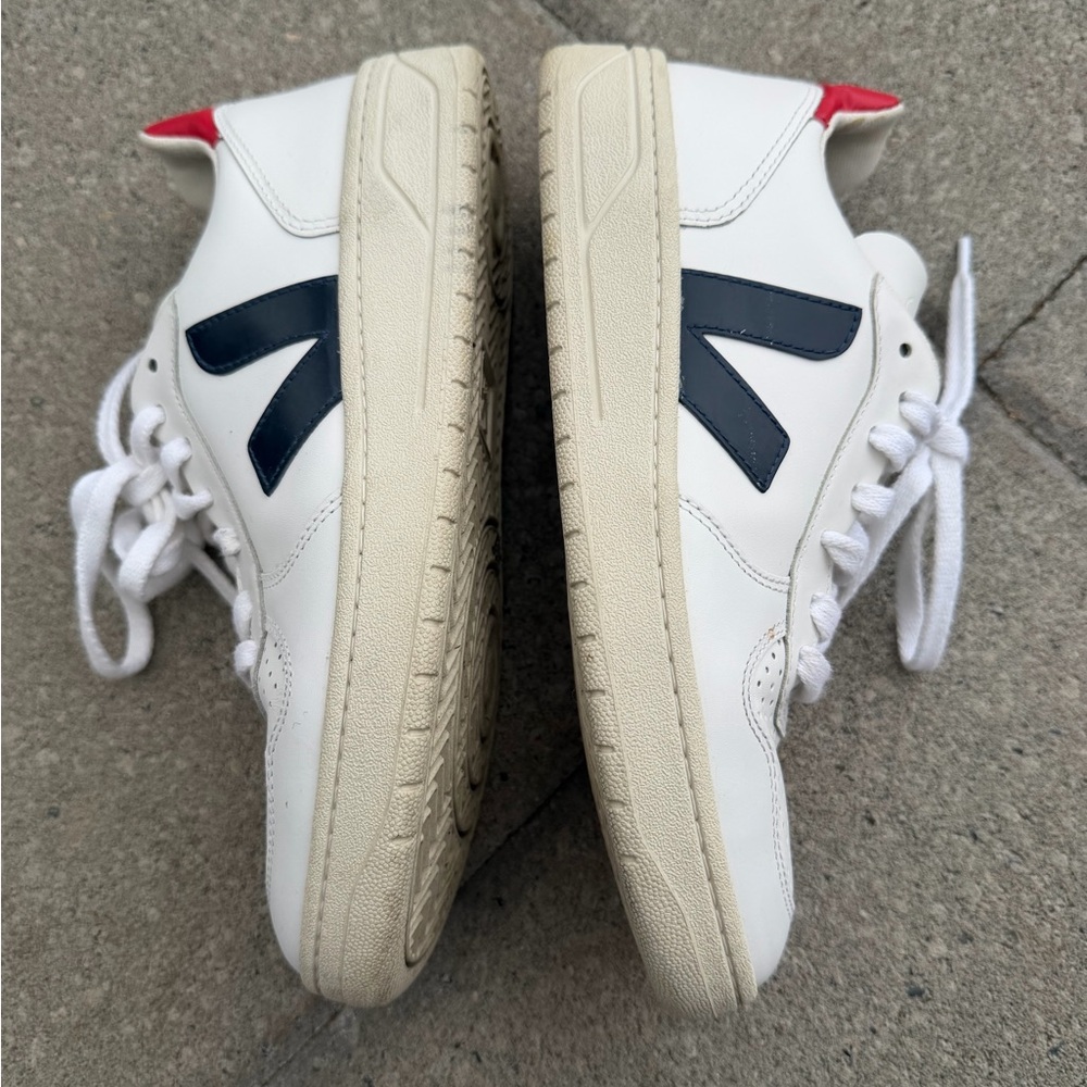 Veja White Leather Sneakers with Navy V and Red Heel Tab - Picture 7 of 10